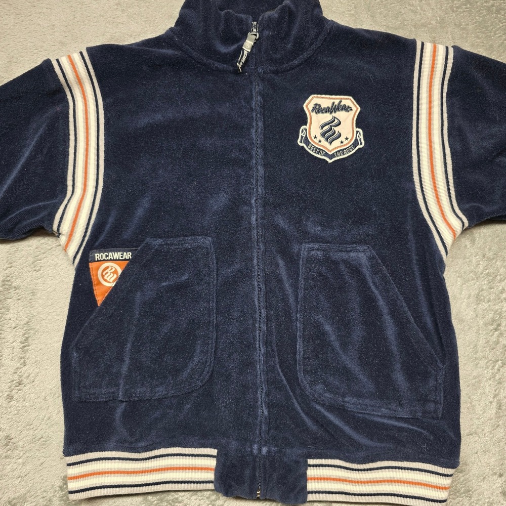 Rocawear‎ Kids Velour Full Zip Short Sleeve Track Jacket Navy Blue Striped Trim